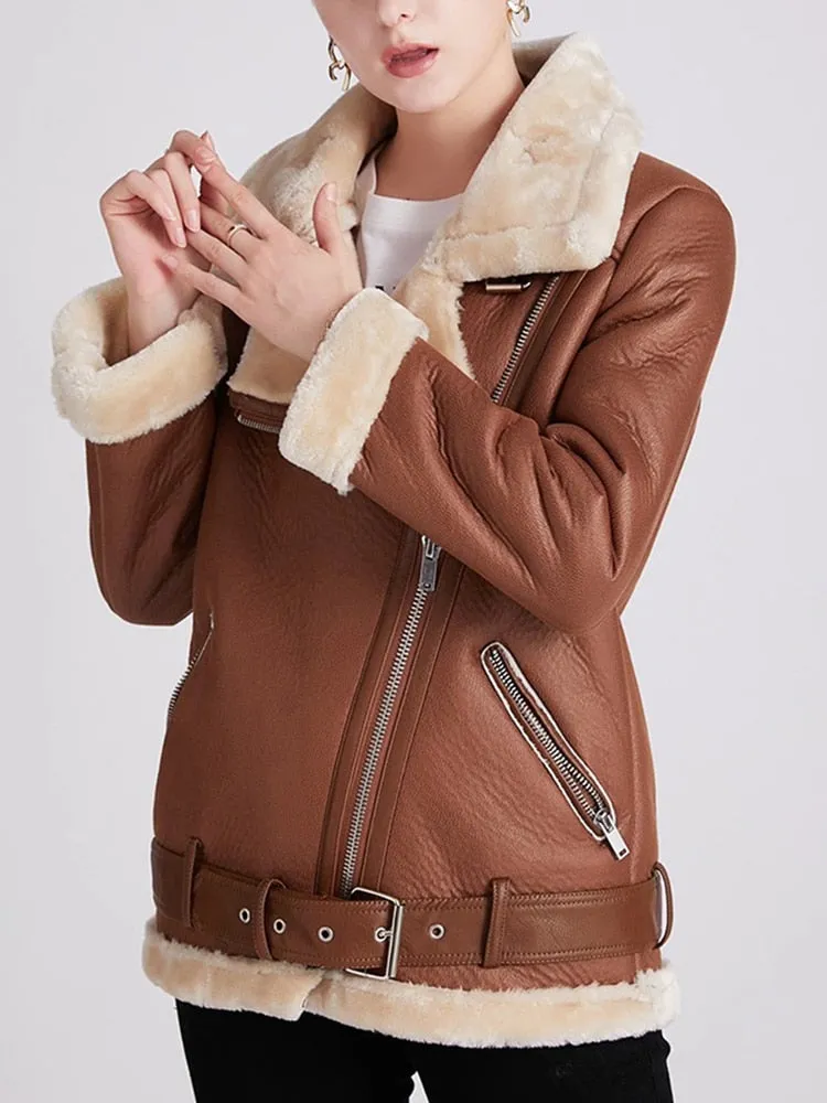 2024 Womens Coats Women Thick Faux Leather Fur Sheepskin Motorcycle Coat