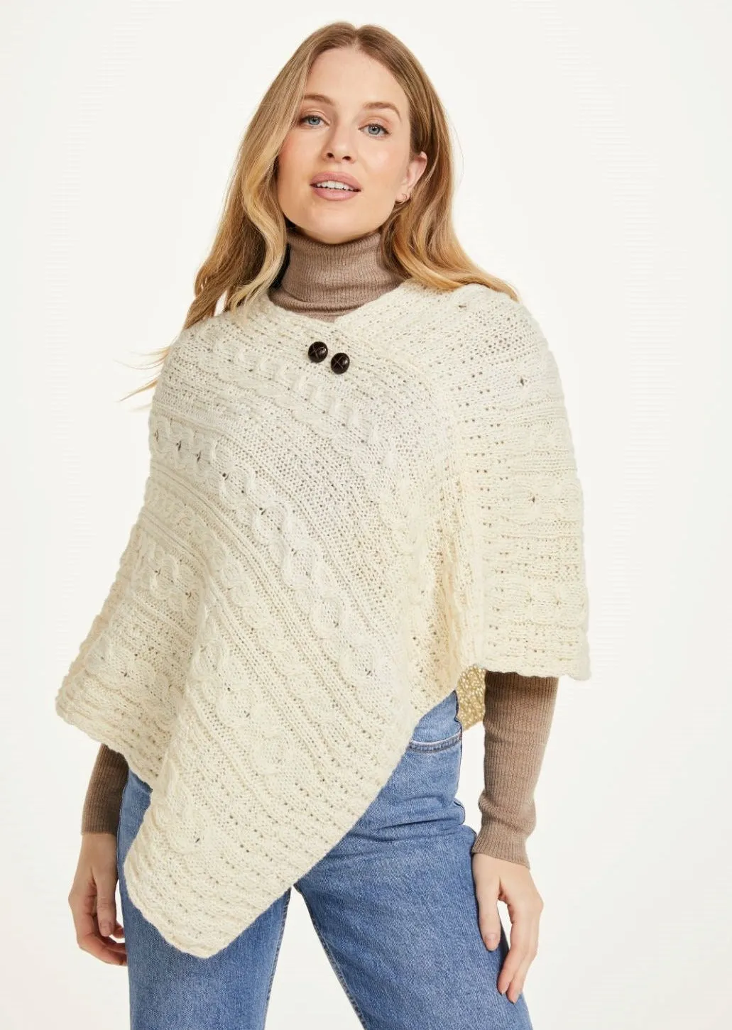 Aran Cable Knit Wool Poncho | Natural