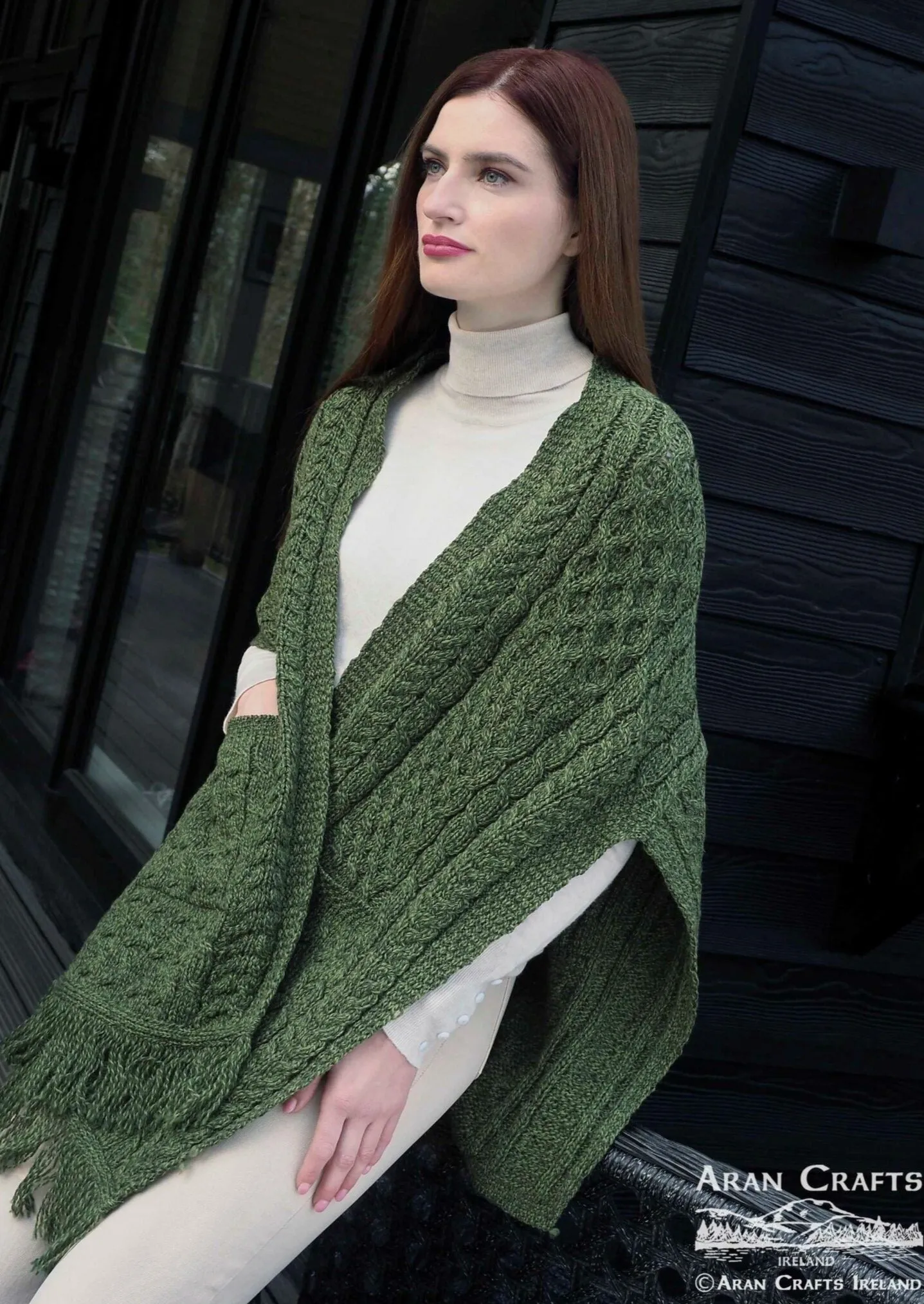 Aran Crafts Pocket Shawl | Green