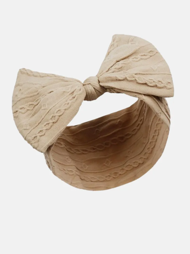 Baby Girl Cable Bow Elastic Headband- Beige