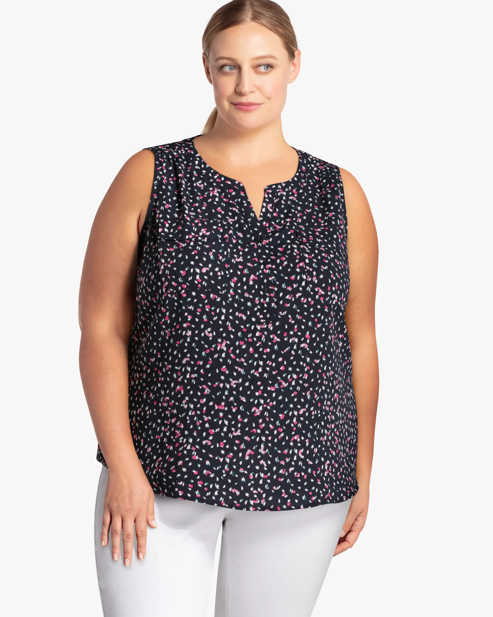 Blair Sleeveless Printed Shirt | Navy / Pink