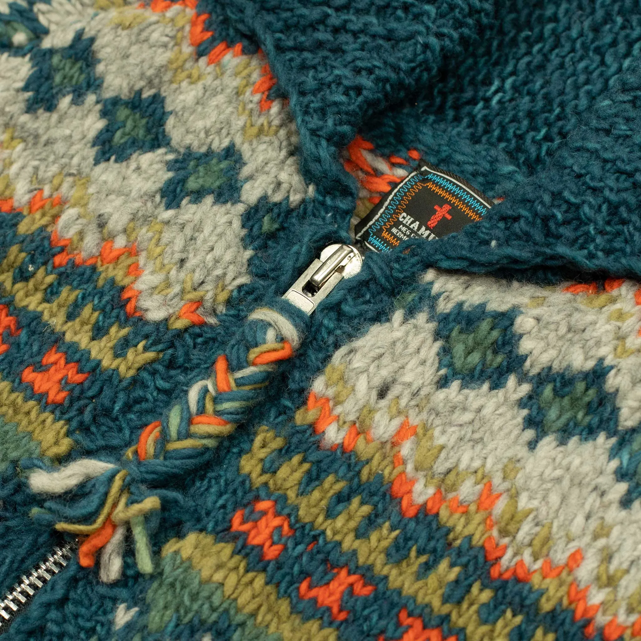 Chamula handknit cowichan-style zipped cardigan in Agean blue fair isle merino wool (restock)