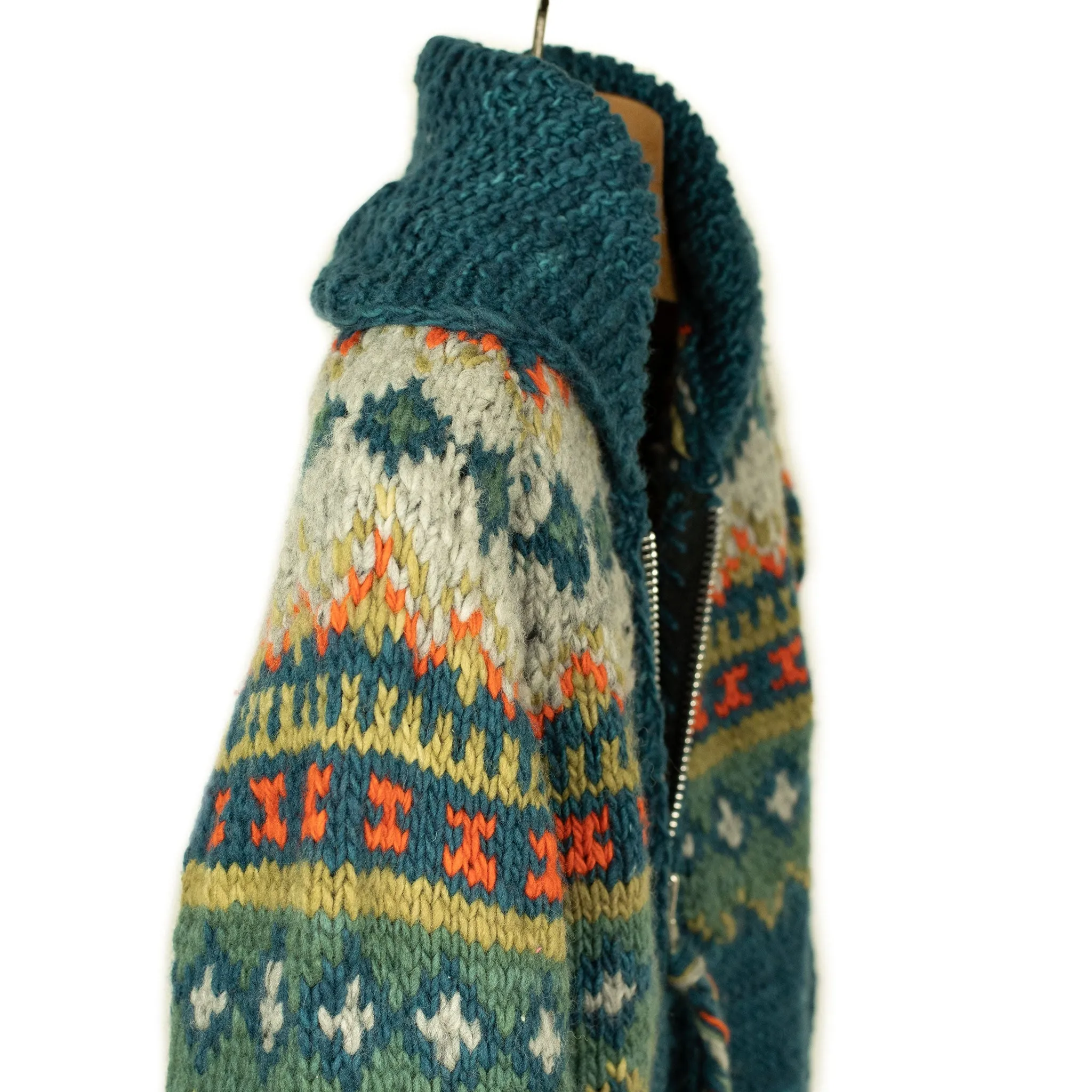 Chamula handknit cowichan-style zipped cardigan in Agean blue fair isle merino wool (restock)