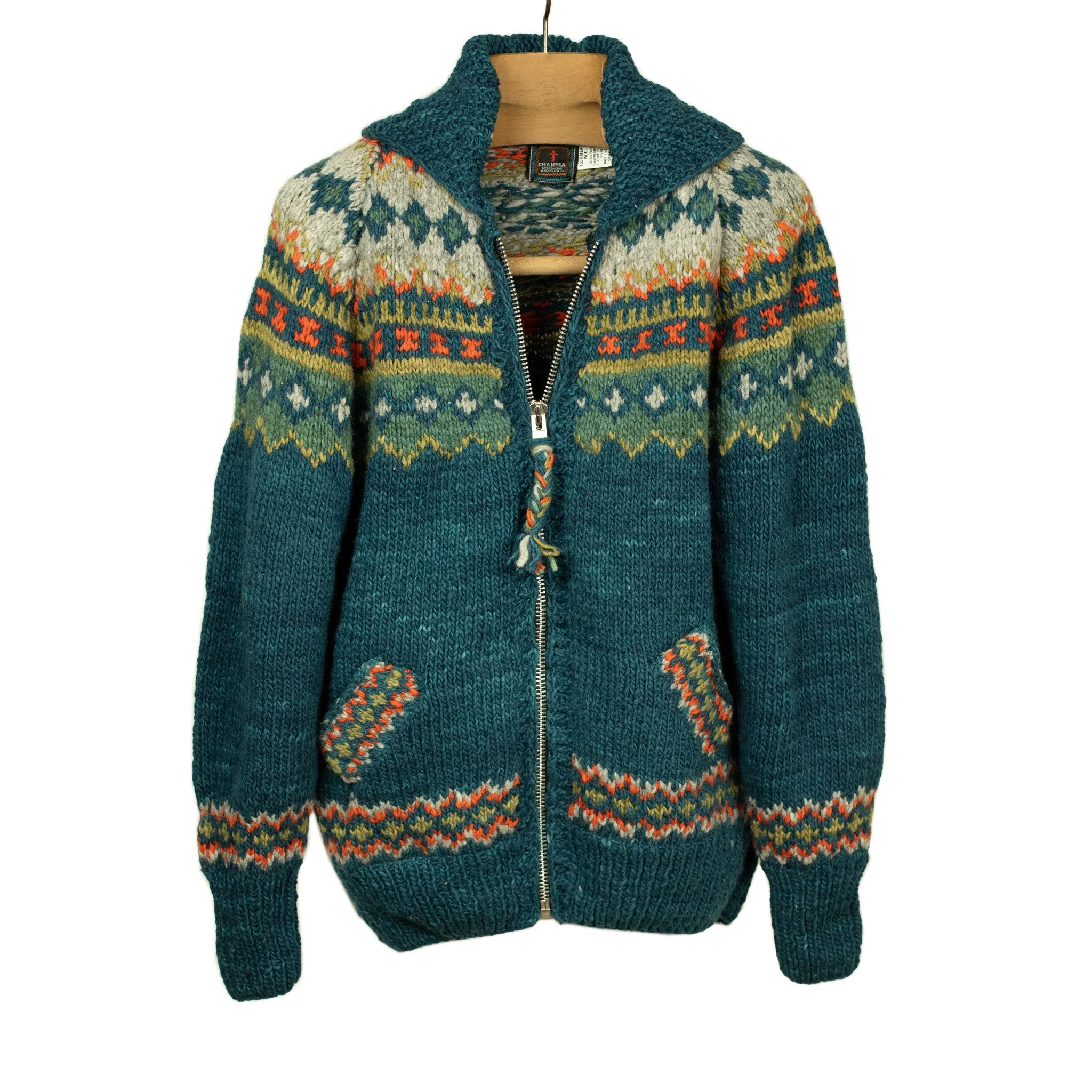 Chamula handknit cowichan-style zipped cardigan in Agean blue fair isle merino wool (restock)