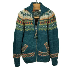 Chamula handknit cowichan-style zipped cardigan in Agean blue fair isle merino wool (restock)