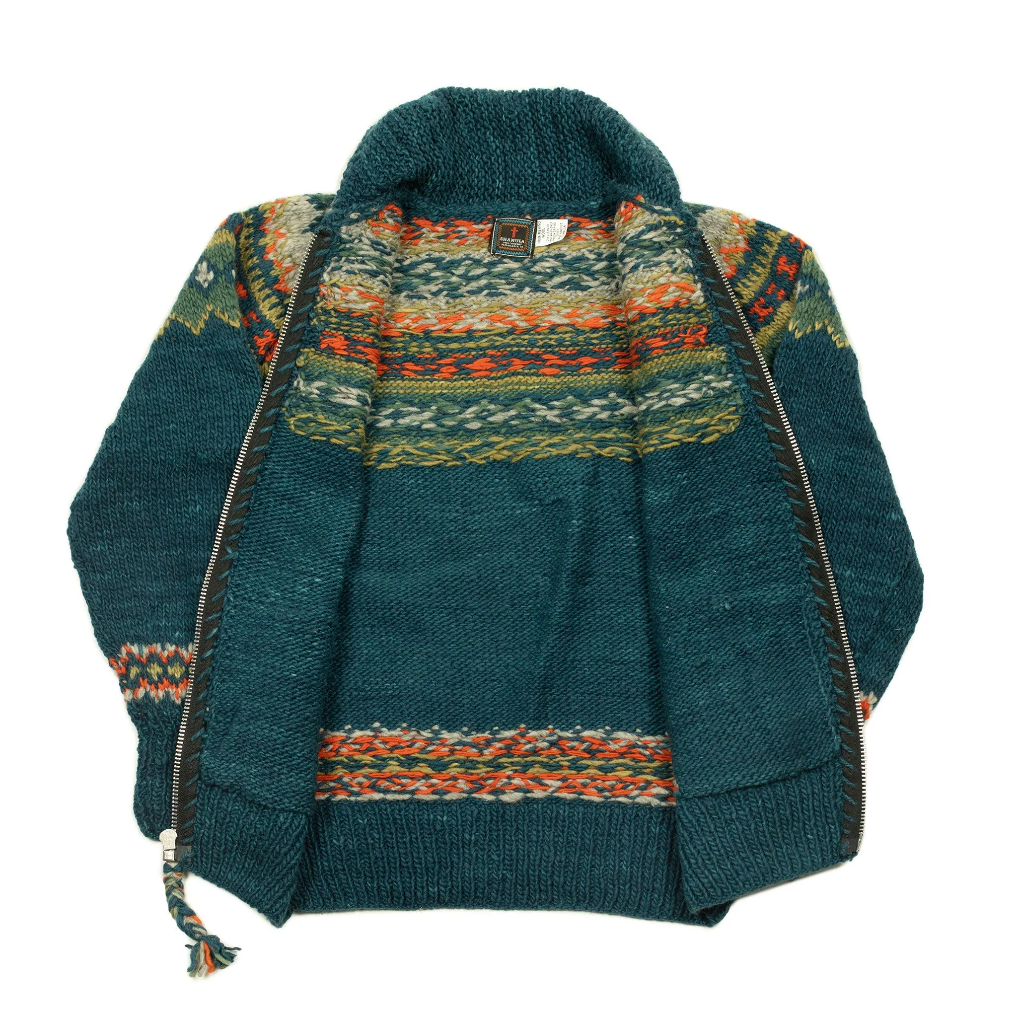 Chamula handknit cowichan-style zipped cardigan in Agean blue fair isle merino wool (restock)