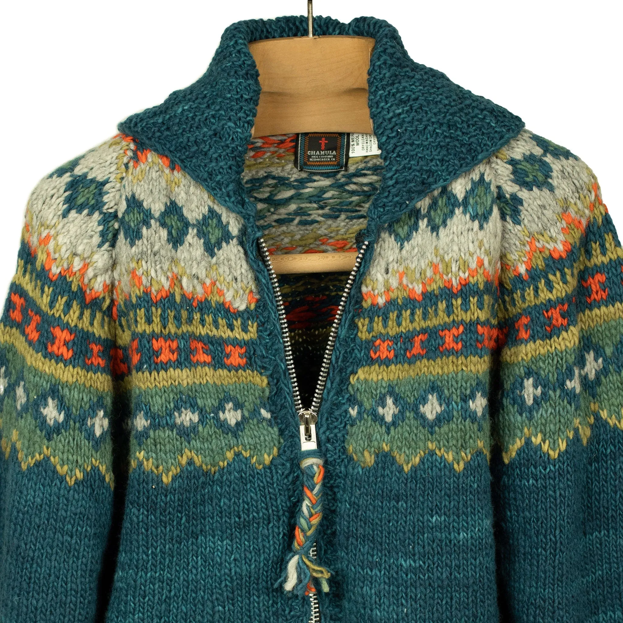 Chamula handknit cowichan-style zipped cardigan in Agean blue fair isle merino wool (restock)