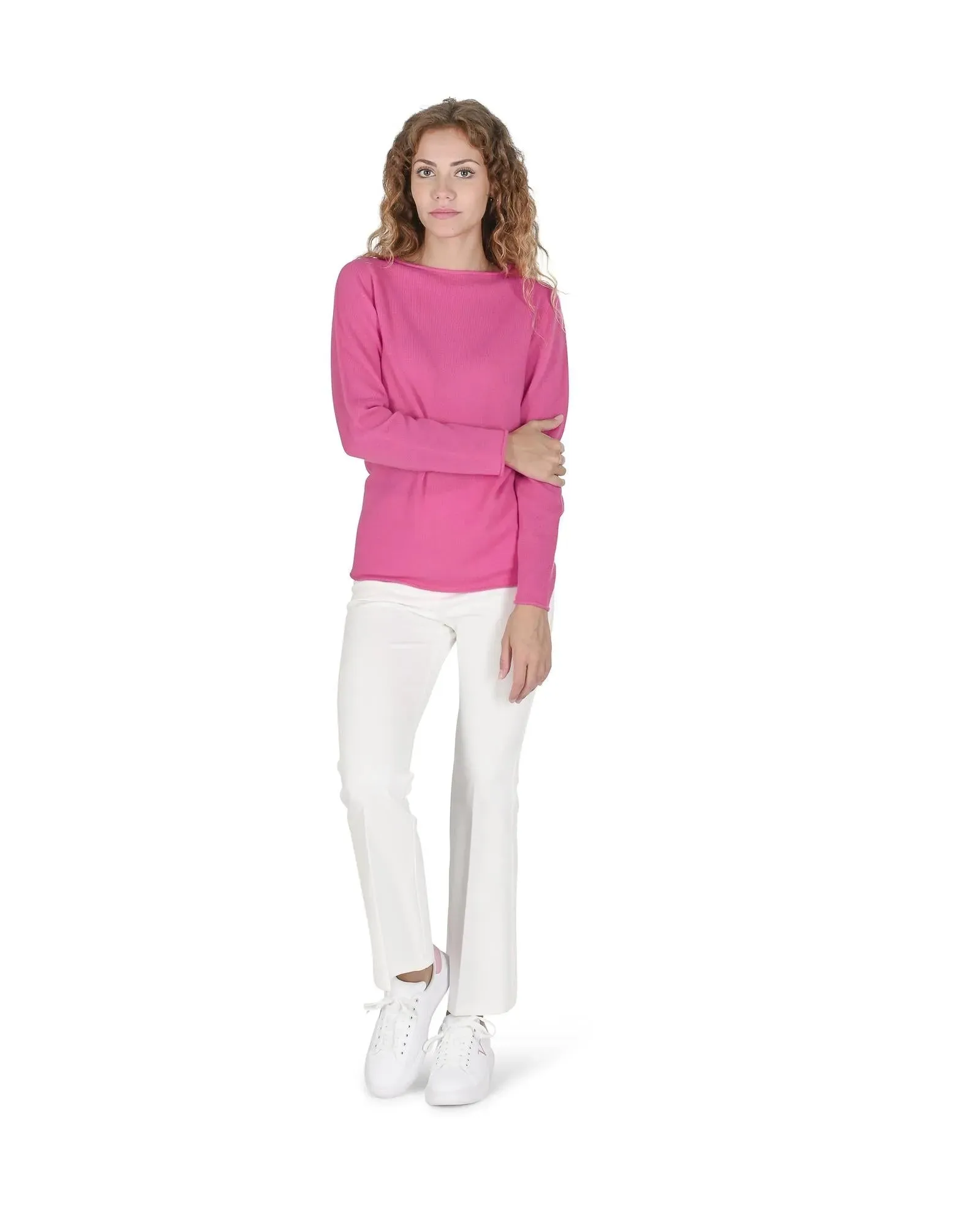 Crown of Edinburgh Cashmere Women's Cashmere Boatneck Sweater in Fuchsia - M