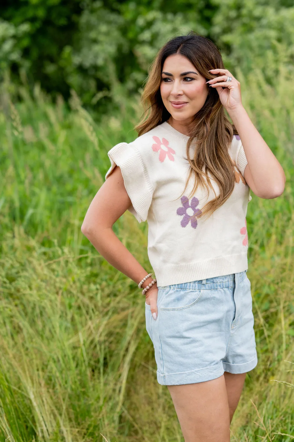 Floral Ribbed Ruffle Knit Tee