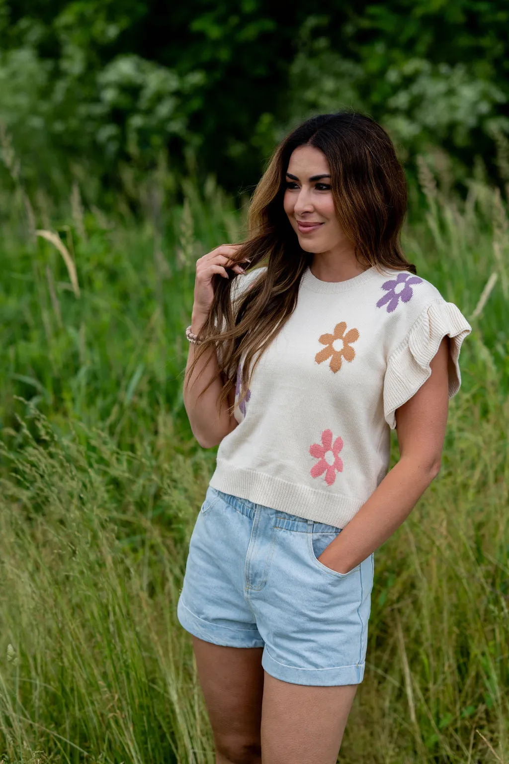 Floral Ribbed Ruffle Knit Tee