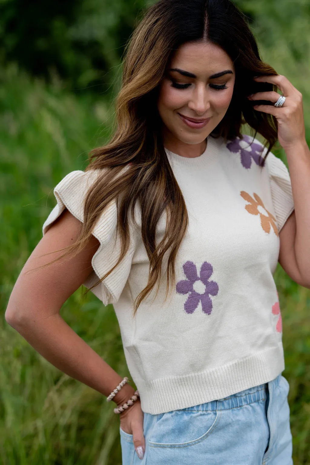 Floral Ribbed Ruffle Knit Tee