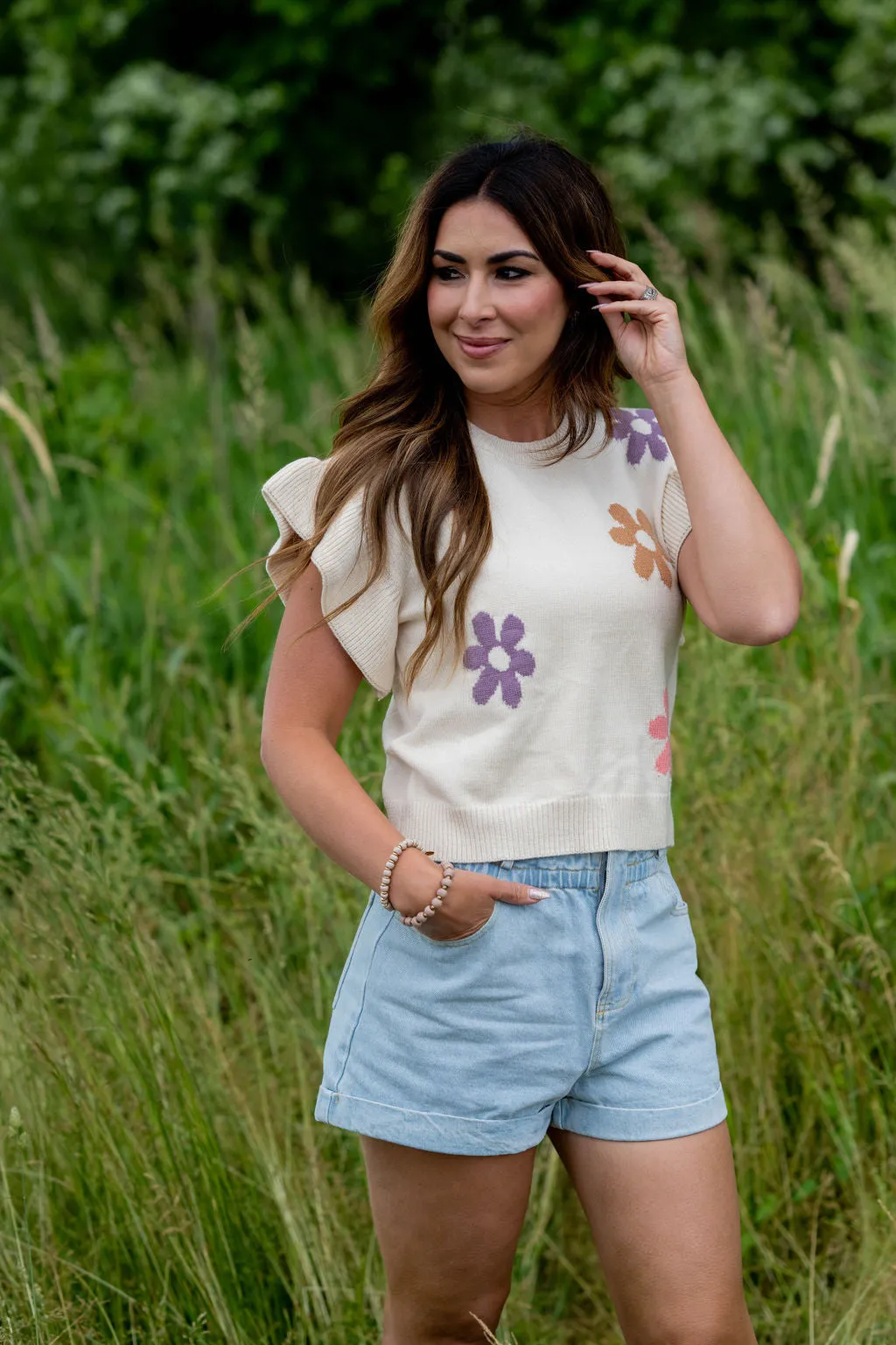 Floral Ribbed Ruffle Knit Tee