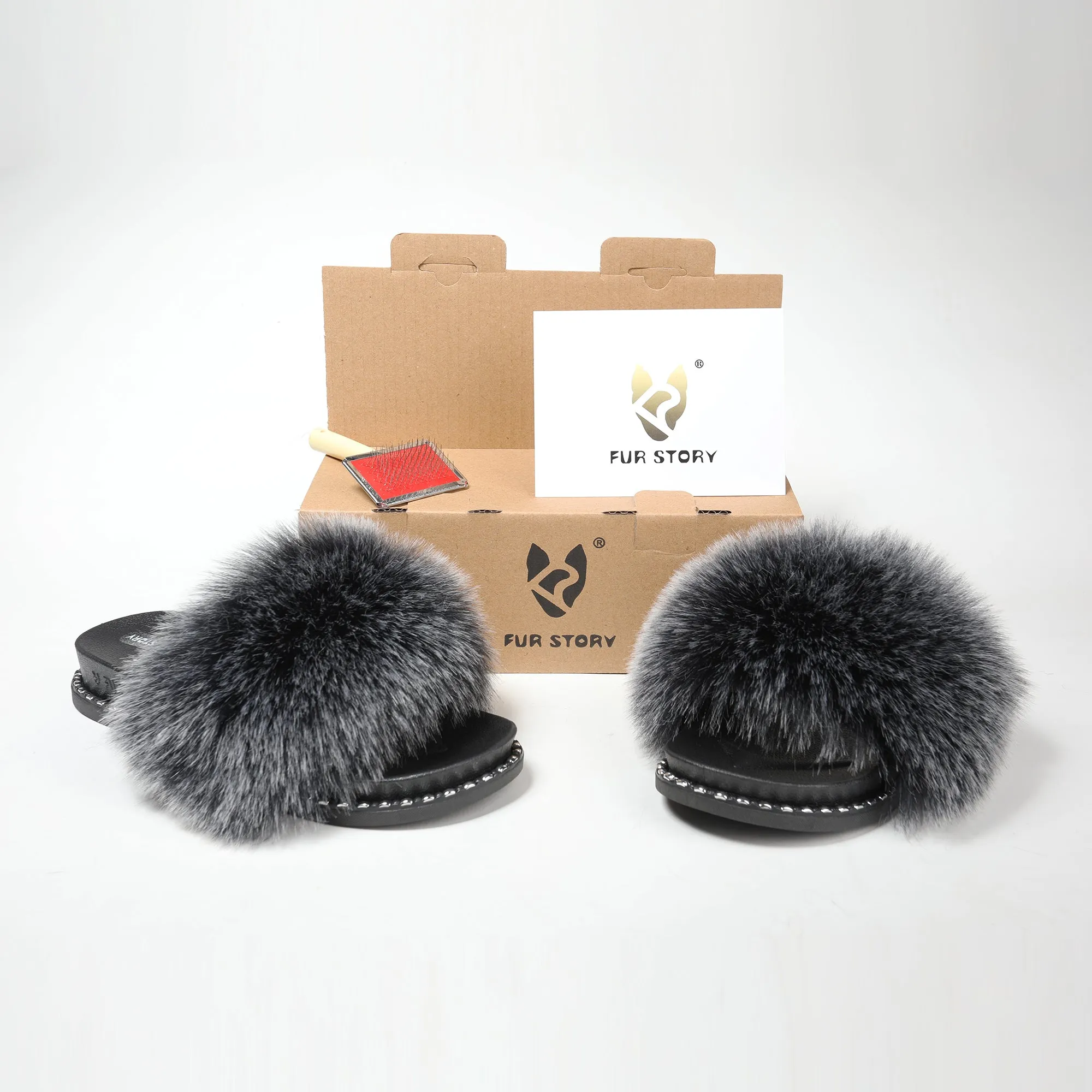 FS19S10 Faux Fur Slides Furry Slipper Sandals (Rivet)