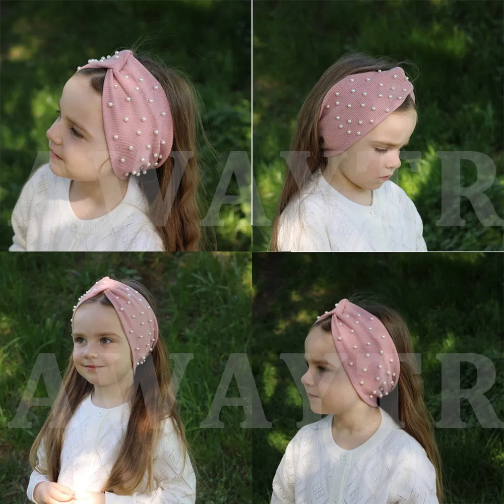 Girls Headbands Pearls Knitted Turban Bandana Winter Elastic Warm Hair Accessories Headdress