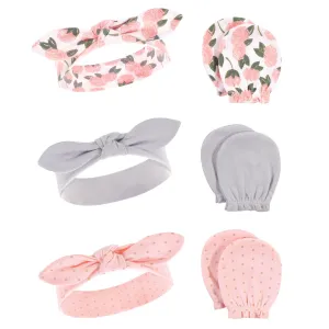 Hudson Baby Cotton Headband and Scratch Mitten Set, Pink Peony