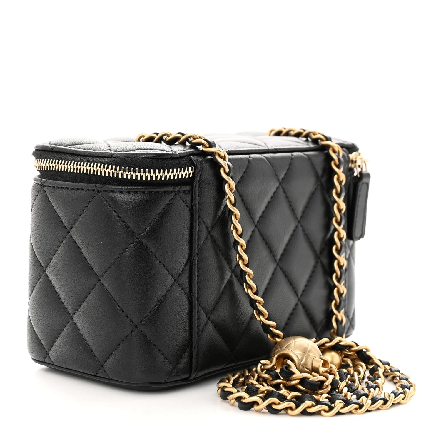 Lambskin Quilted Pearl Crush Small Vanity Case With Chain Black