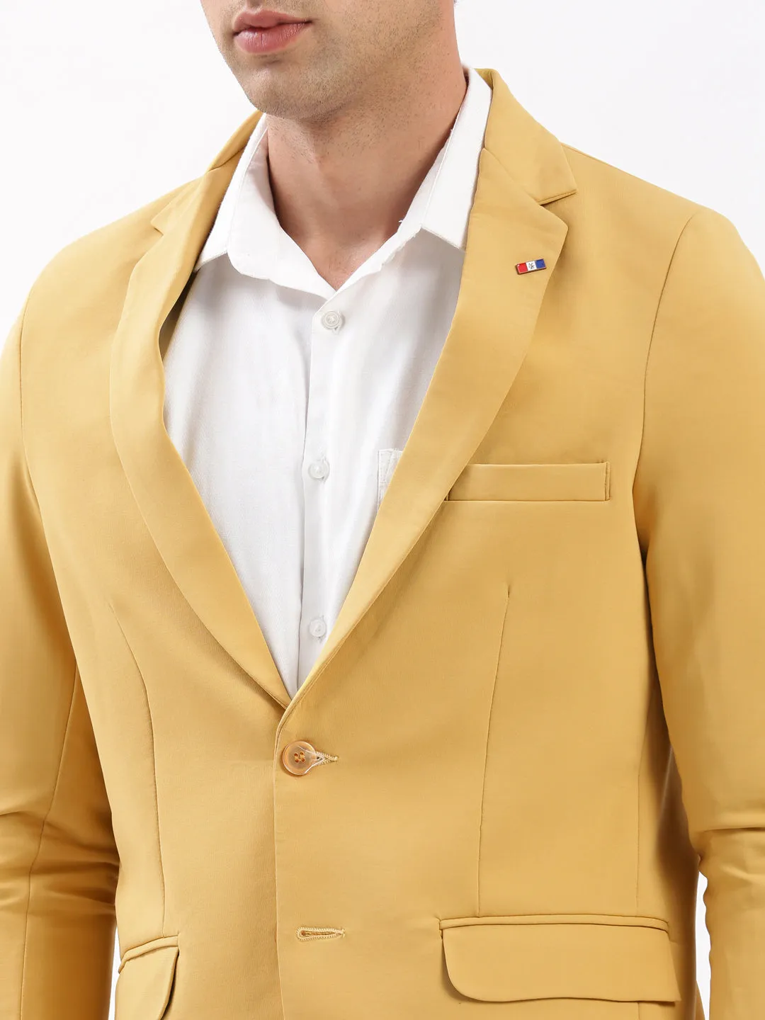 Men Notched Lapel Solid Yellow Blazer