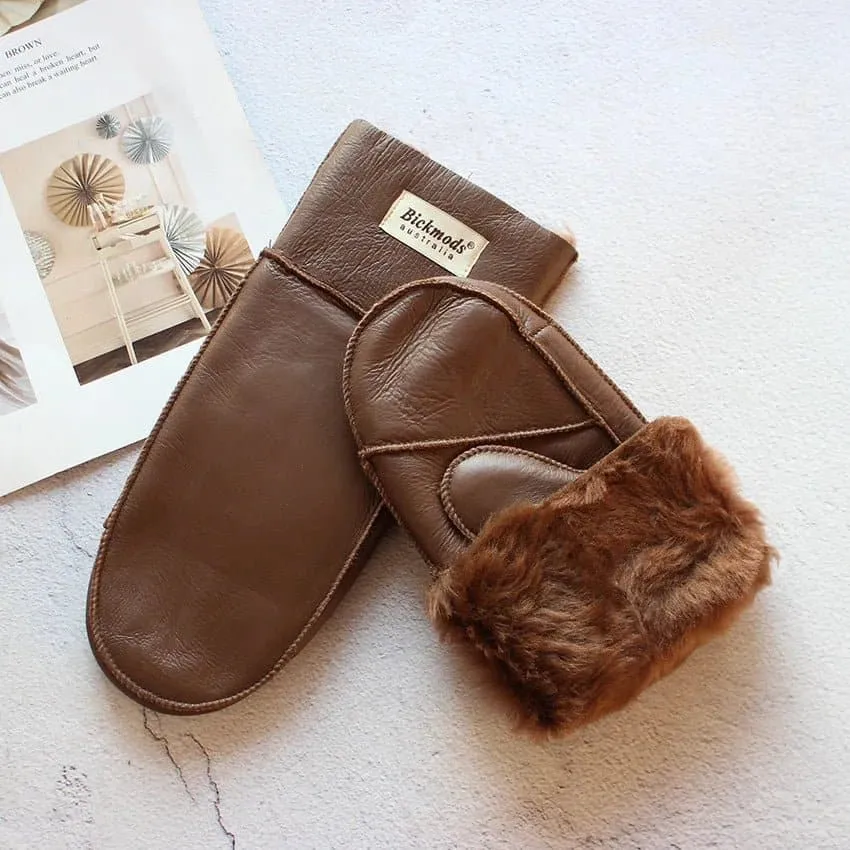 Sheepskin Leather Wool Mittens with Genuine Leather and Sheepskin Fur