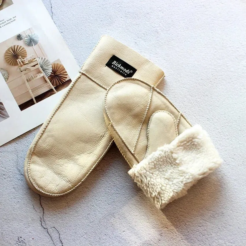 Sheepskin Leather Wool Mittens with Genuine Leather and Sheepskin Fur