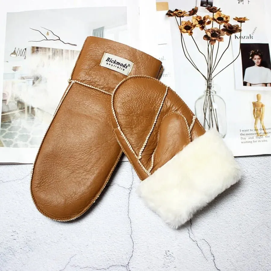 Sheepskin Leather Wool Mittens with Genuine Leather and Sheepskin Fur