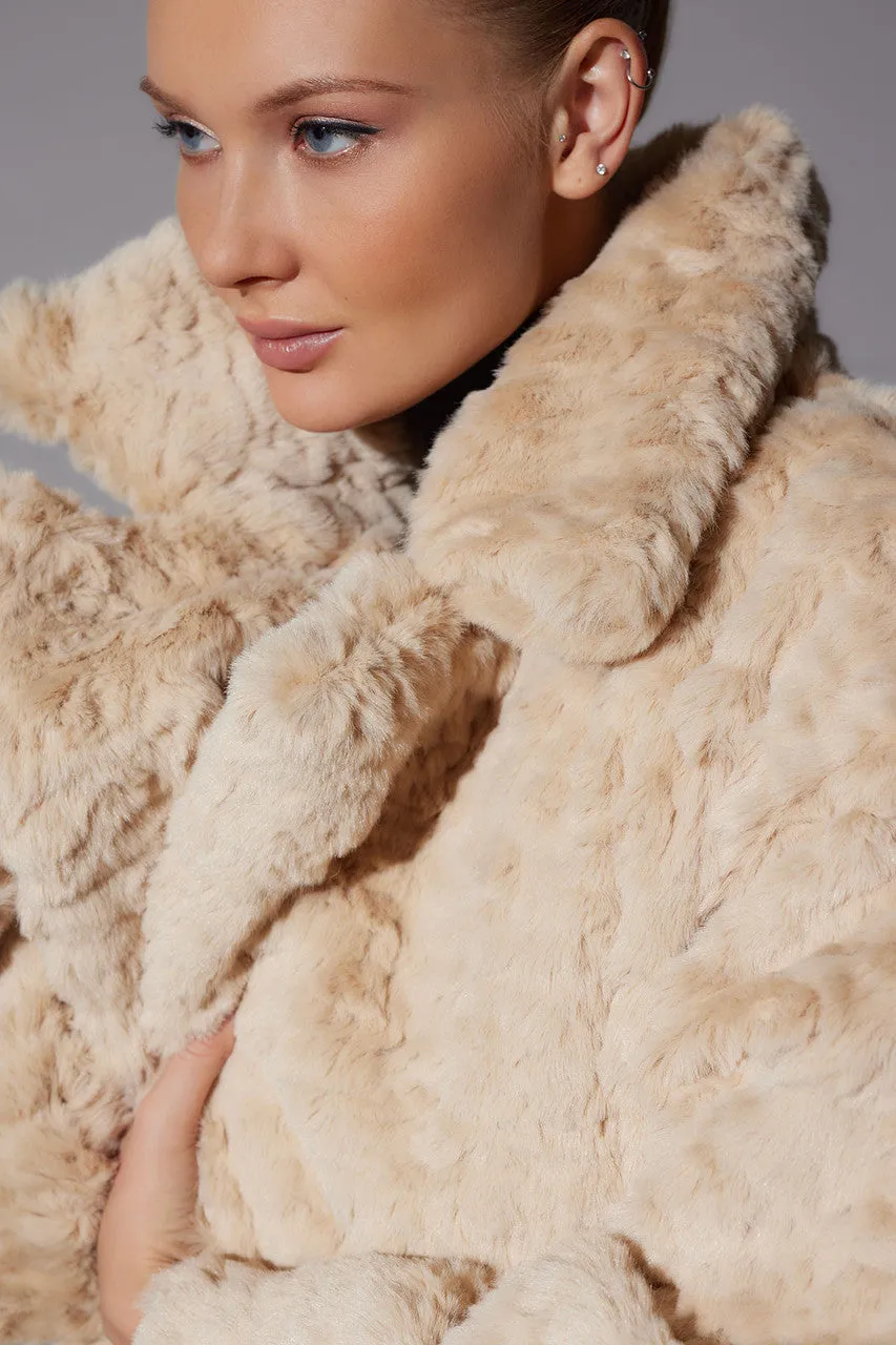 Textured Faux Fur Collared Long Coat