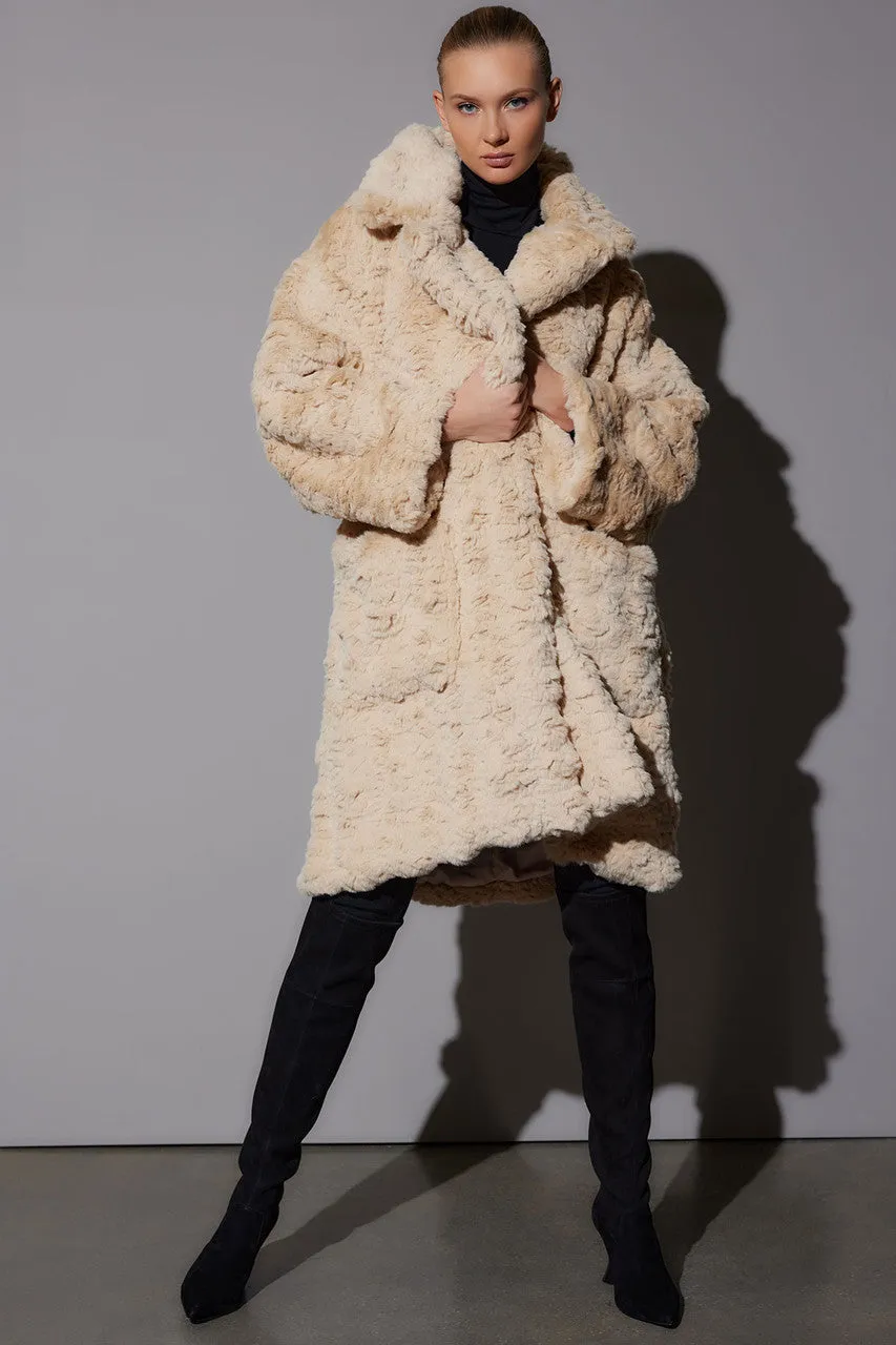 Textured Faux Fur Collared Long Coat