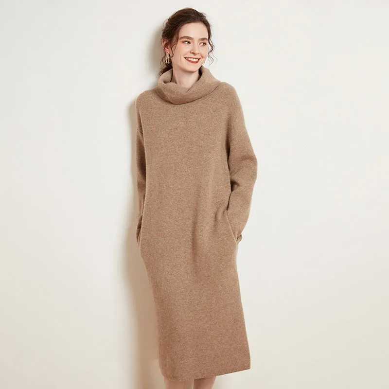 Women's Cashmere Dresses Long Turtleneck Cashmere Sweather Dresses