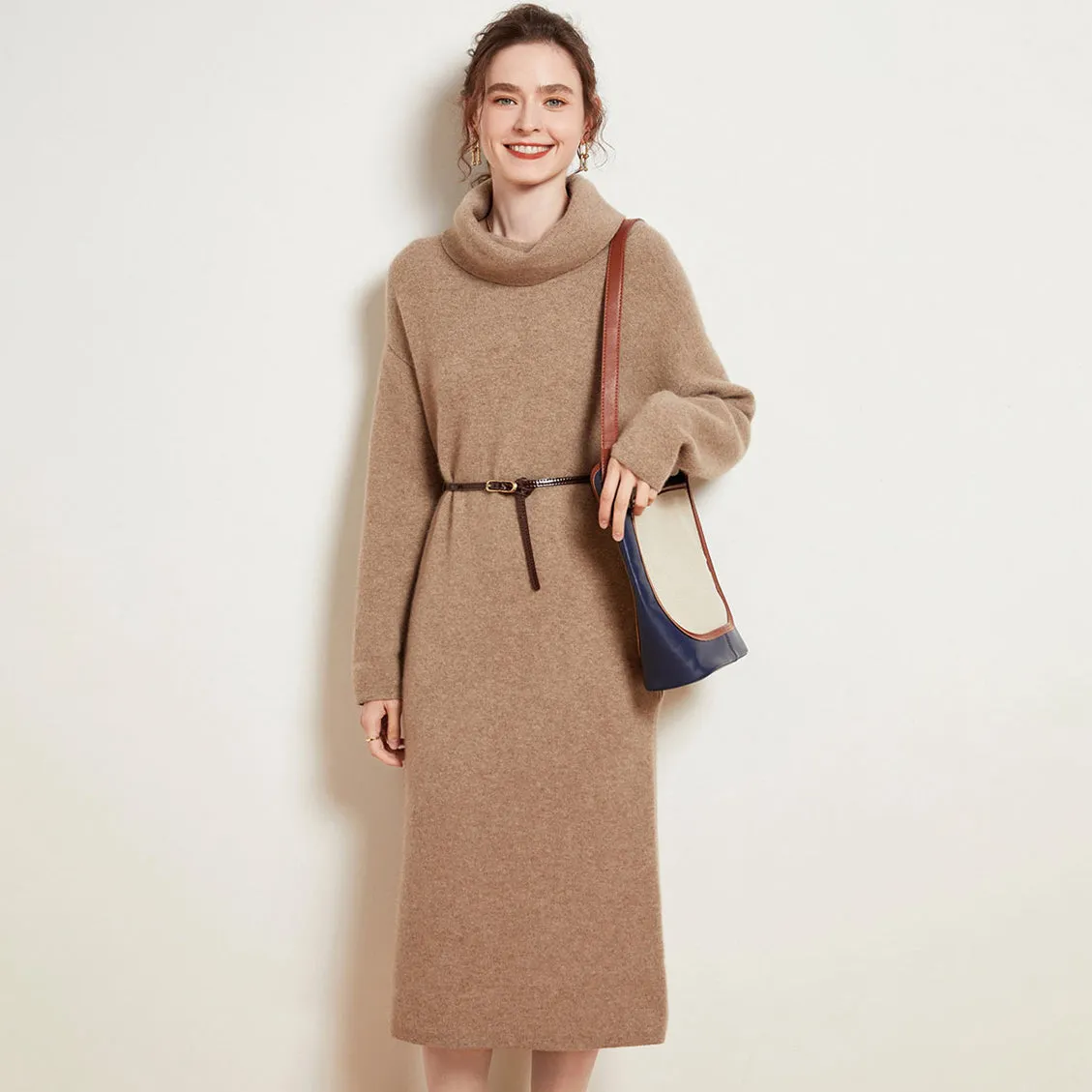 Women's Cashmere Dresses Long Turtleneck Cashmere Sweather Dresses