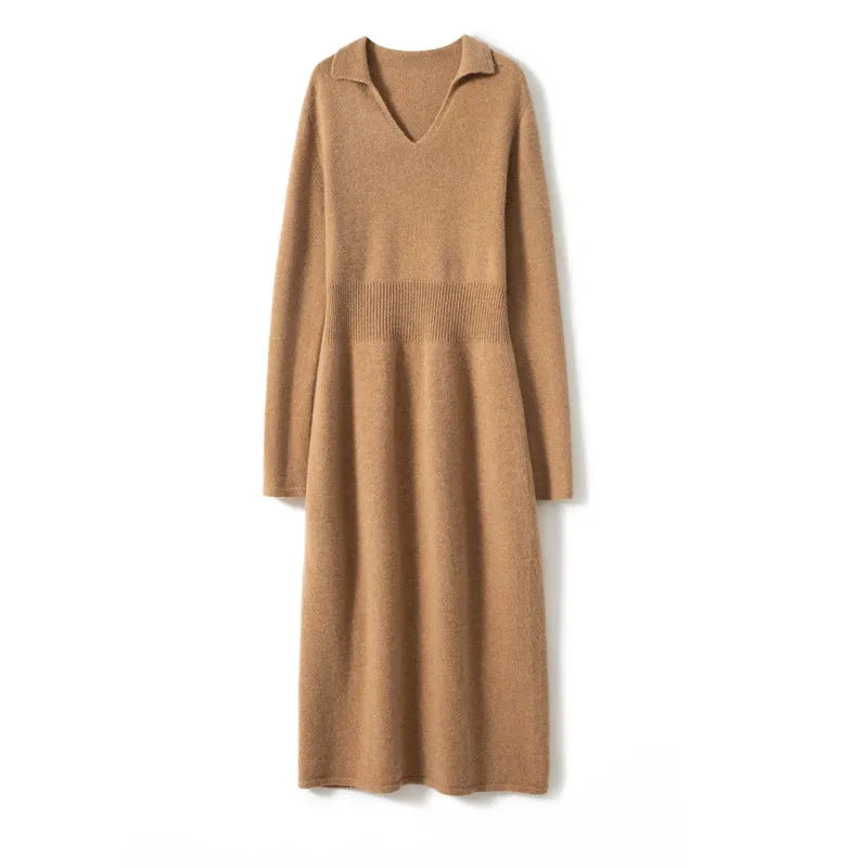 Women's Cashmere Dresses Long V Neck Cashmere Dresses