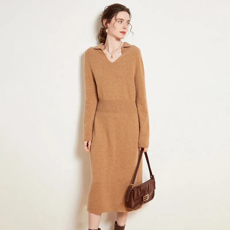 Women's Cashmere Dresses Long V Neck Cashmere Dresses