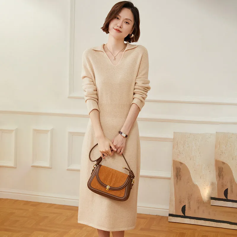 Women's Cashmere Dresses Long V Neck Cashmere Dresses