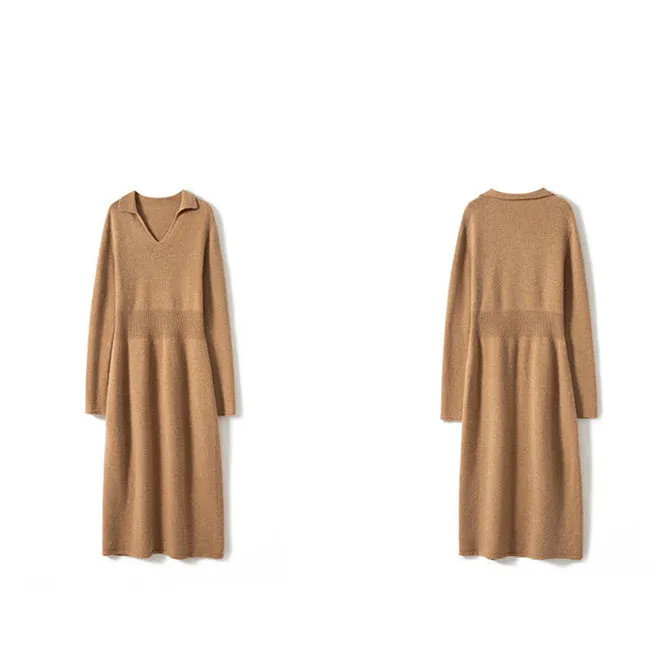 Women's Cashmere Dresses Long V Neck Cashmere Dresses