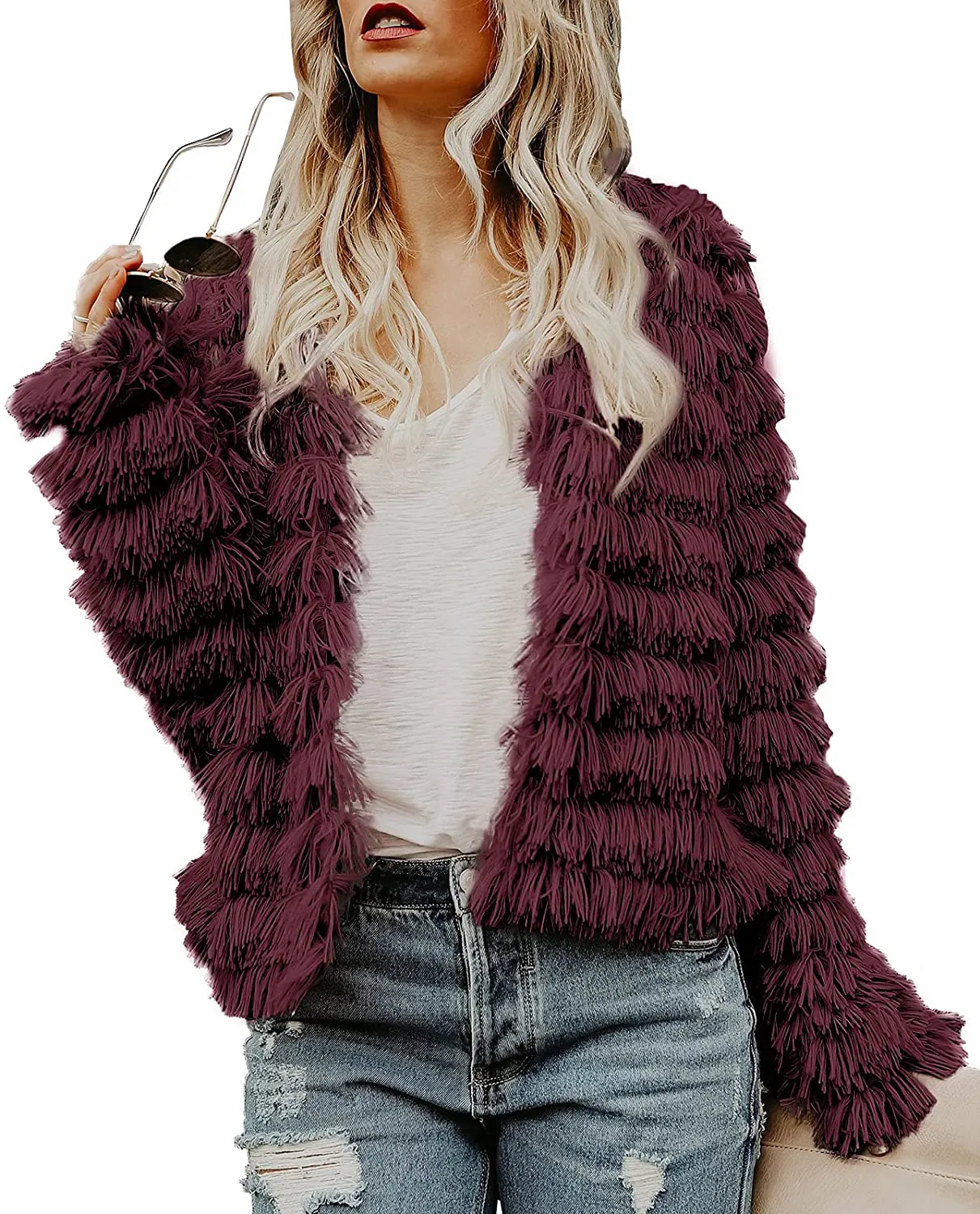 Womens Open Front Faux Fur Cardigan Vintage Parka Shaggy Jacket Coat