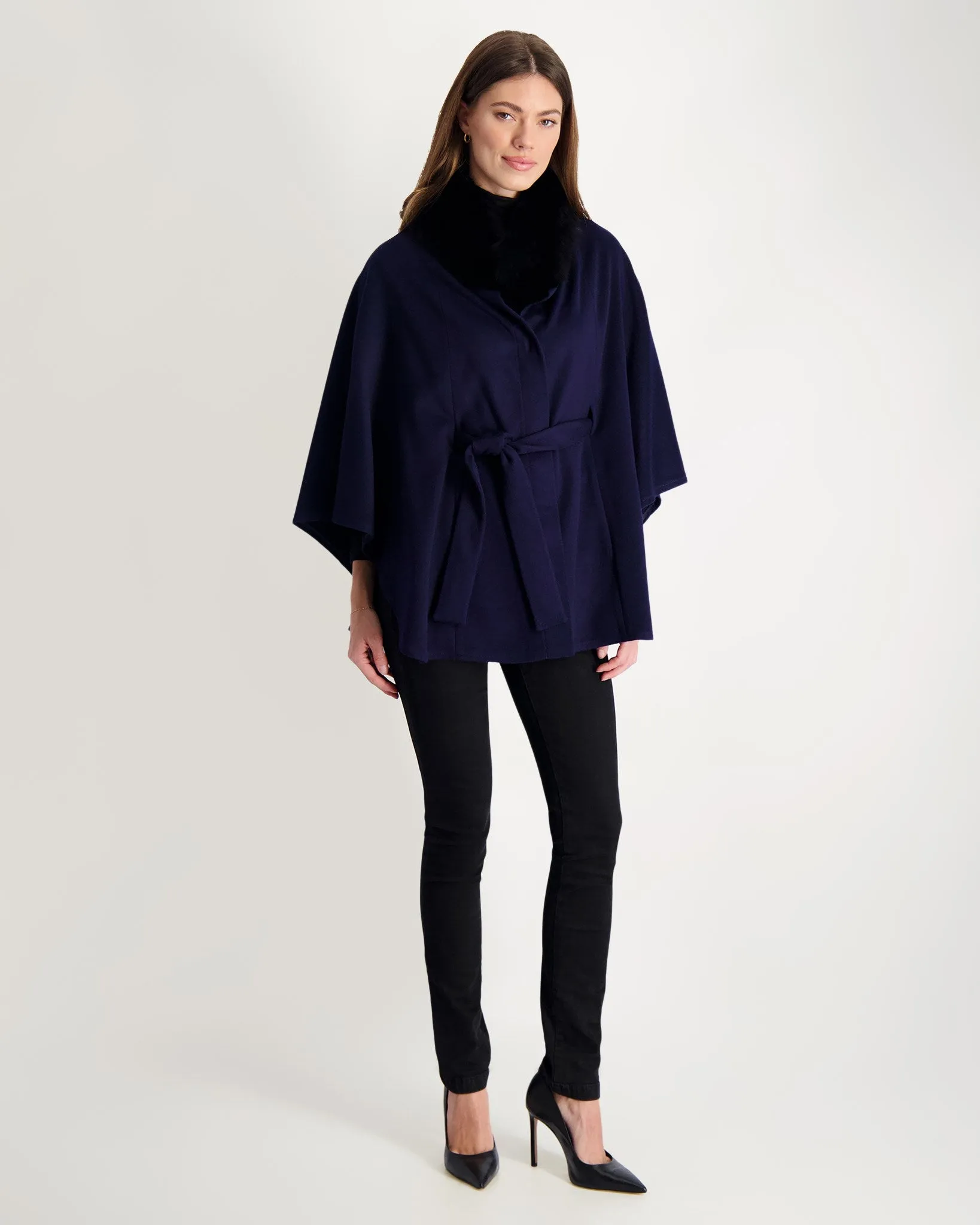 Wool Belted Cape with Fox Collar