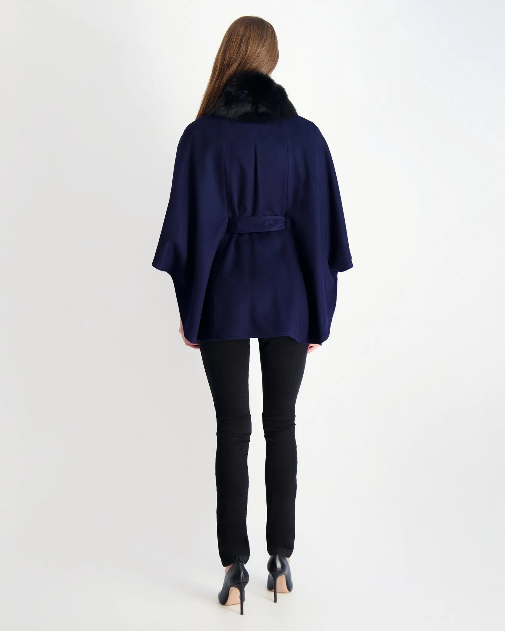 Wool Belted Cape with Fox Collar