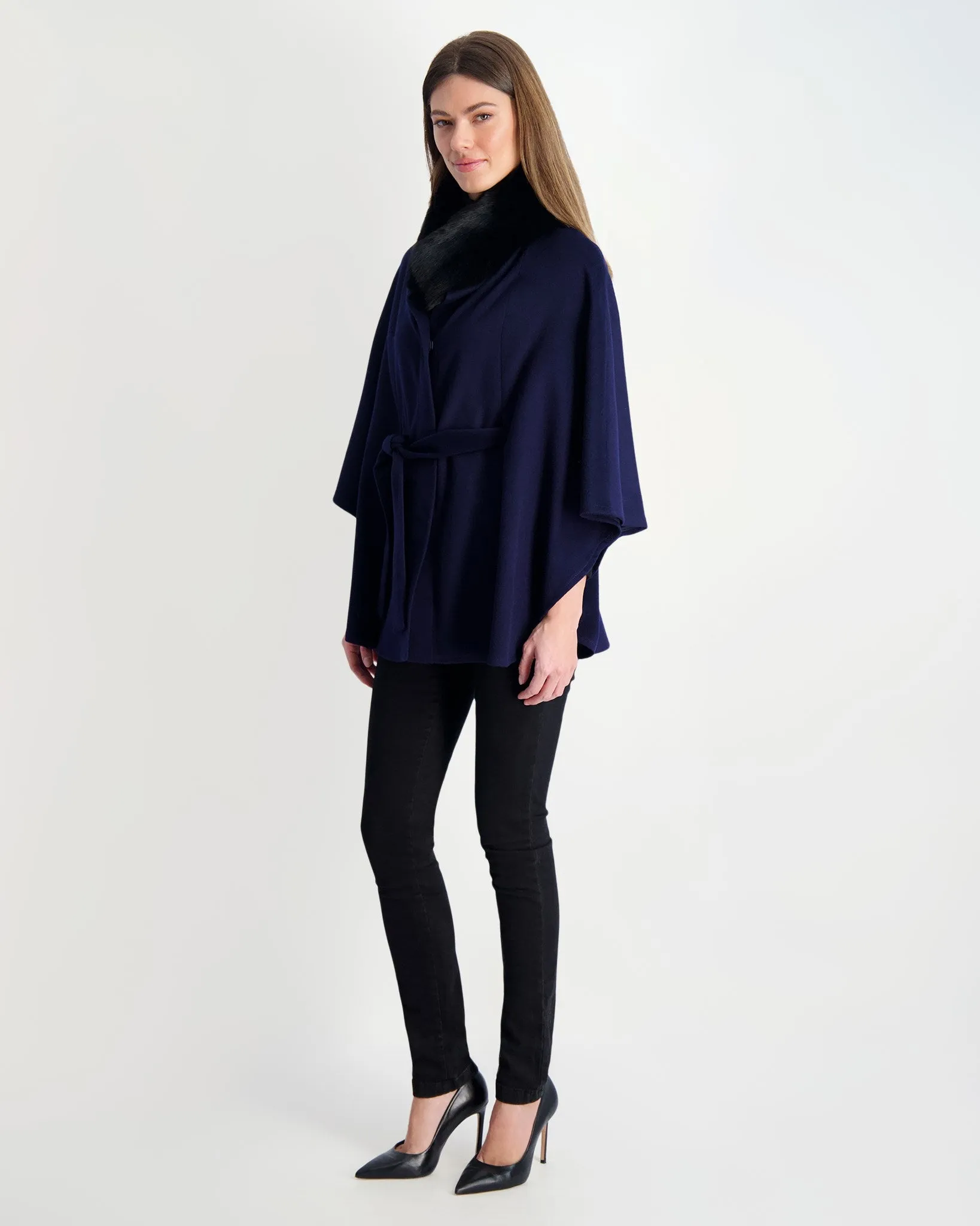 Wool Belted Cape with Fox Collar